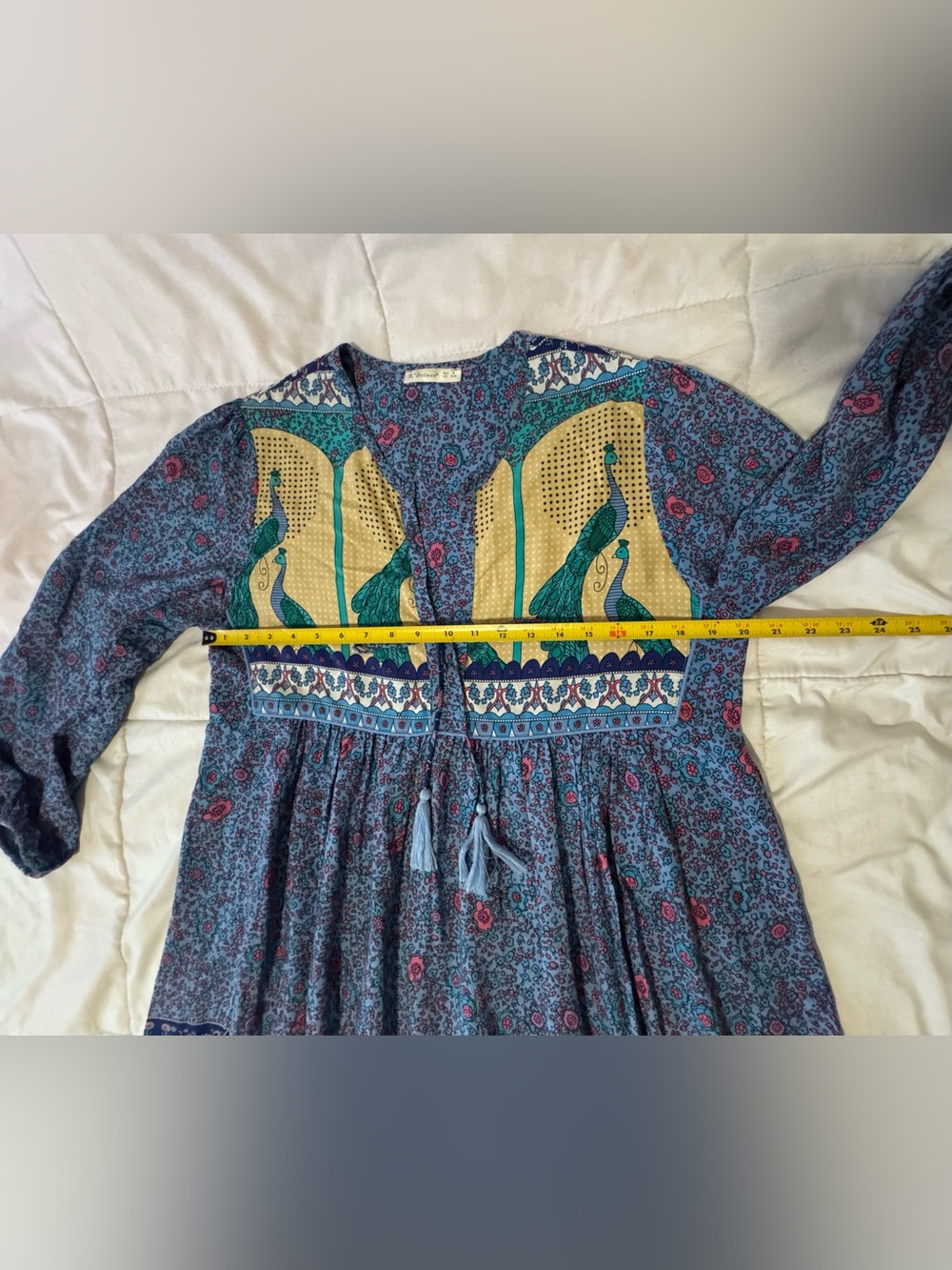 Boho Maxi Dress with Peacock Motif in Blue and Cream Sz M - Picture 7 of 11